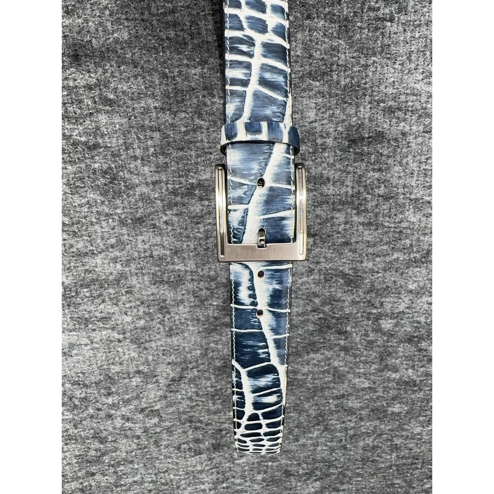 Stefano Corsini Leather Belt Mens 46 Blue Croc Print Silver Buckle Italy Dress